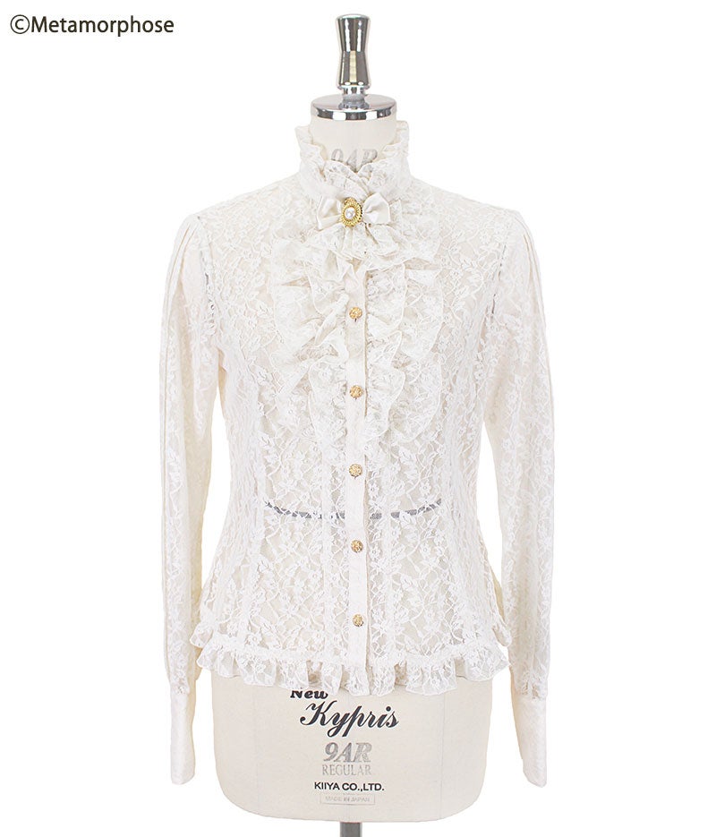 Standing Collar Bishop Sleeve Lace Blouse